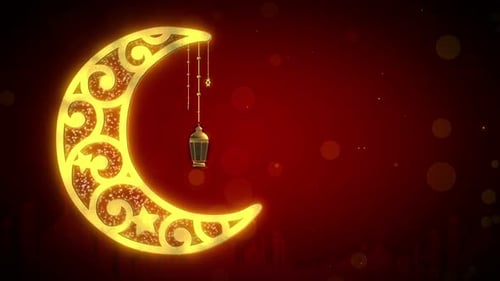 Elegant Golden Crescent Moon and Lantern for Ramadan and Eid Celebrations