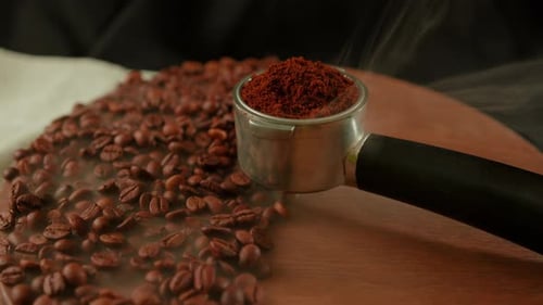 Coffee Beans and Ground Coffee in Portafilter