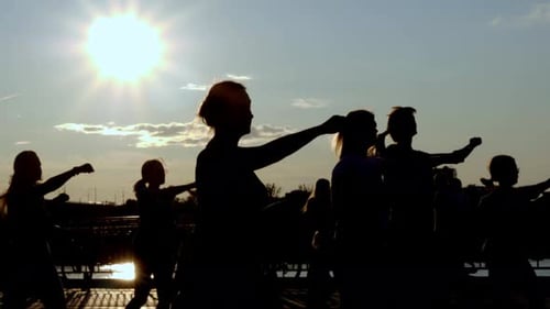 Silhouette von Menschen, die Yoga im Freien machen - Meditation und Sportkonzept für gesund und entspannend