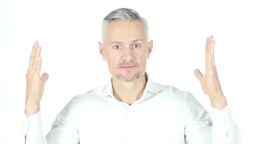 Adult Man Gesturing and Talking on White Background