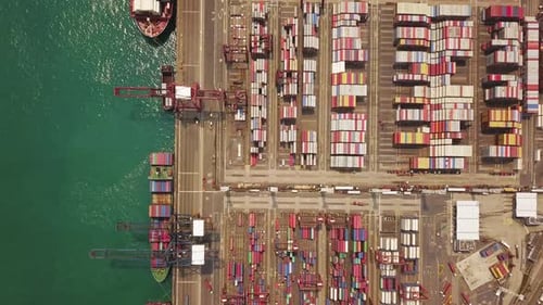 Aerial top view of container cargo ship in the export and import business and logistics