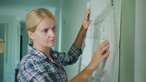 Junge Ingenieurin untersucht die Zeichnung eines Hauses auf einer Baustelle