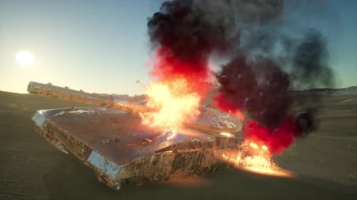 Burned Tank in the Desert at Sunset