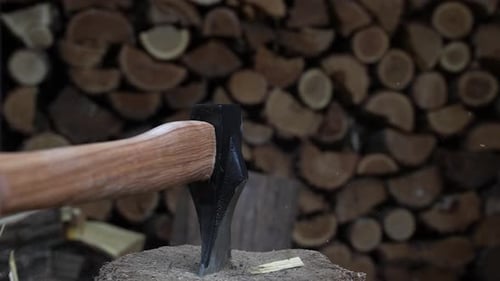 Axe Splitting Firewood Log in Slow Motion