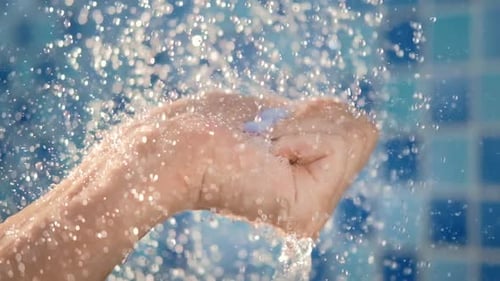 Lady Open Palm Finger Touching Stream of Drop Taking Showering at Bathroom Slowmo Closeup