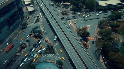 Busy highway road junction in metropolis city center