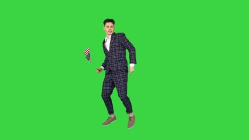 Cheerful Man Dancing with USA Flag on Green Screen