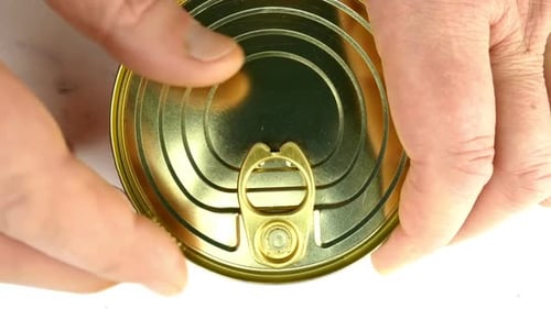 Hands Open Shiny Can of Oily Fish