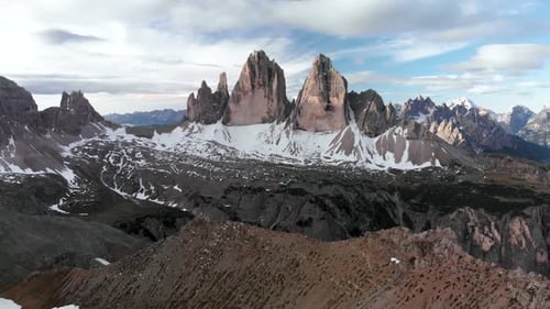 Aerial Flying Over Tre Cime di Lavaredo Mountain in Dolomites Alps Italy