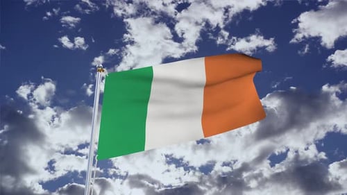 Realistic Waving Ireland Flag Animation Against Blue Sky