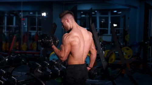 Fit young man lifting dumbbells doing workout at a gym. Sport, fitness, weightlifting, bodybuilding,