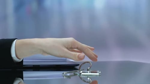 Woman Taking Key Chain With Home Word, Housing Construction, Real Estate Manager