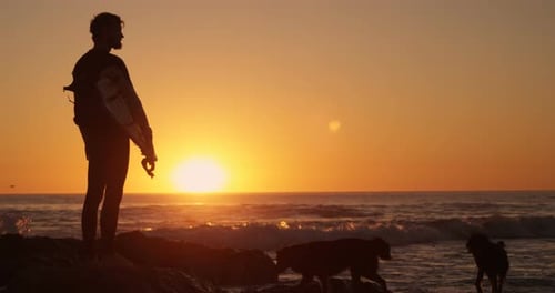 Man standing with surfboard in the beach 4k