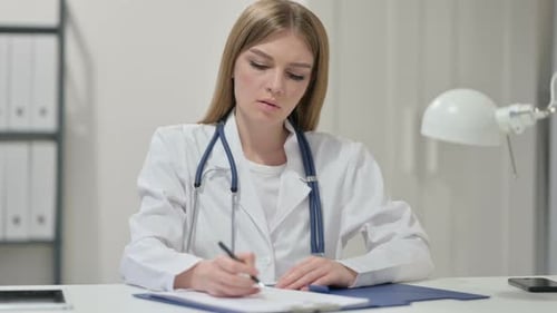 Female Doctor Writing at Desk in Clinic