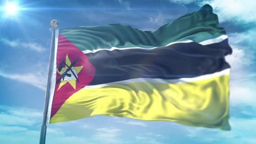 Photorealistic Mozambique Flag Waving Against Sunny Blue Sky