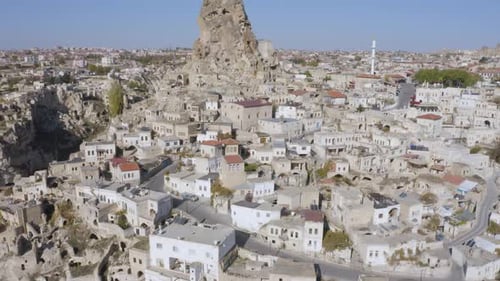 Aerial View of Ortahisar Town Old Houses in Rock Formations.