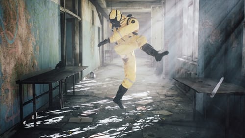 Hazmat Suit Character Kicks Virus In Abandoned Building