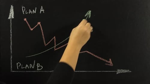 Girl on the Blackboard on the Chart Draws a Line of Growth in Green Chalk