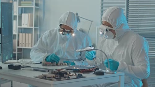 Scientists Working on Circuit Boards in Laboratory