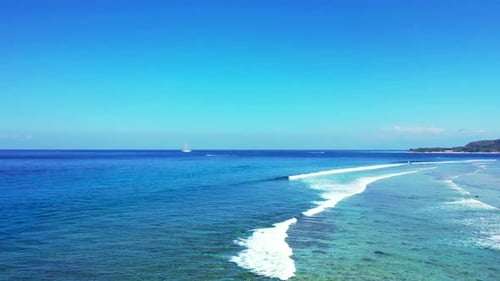 Aerial above seascape of exotic shore beach wildlife by shallow water and white sand background of a