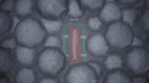 Rainy Funeral Scene With Coffin And Umbrellas