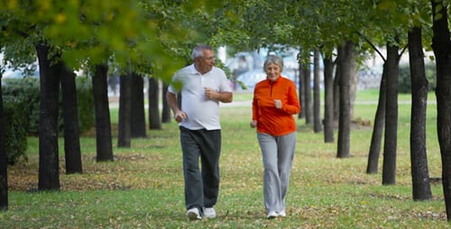Senior Couple Jogging Together in a Green Park