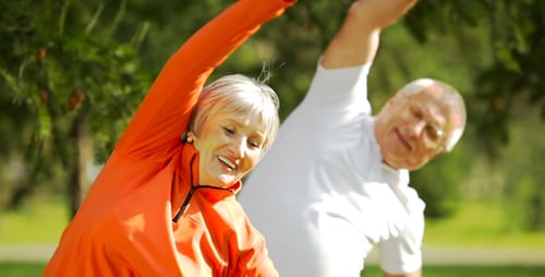 Senior Couple Stretching and Exercising in Park