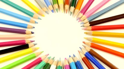 Top of Bunch of Colored Pencils on White, Rotation, Close Up