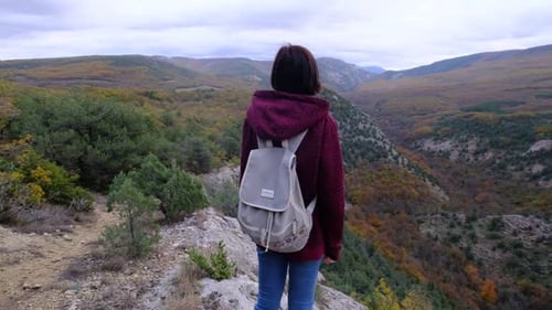Woman Hiker Enjoying Mountain View, Autumn Landscape