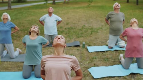 Instructora y personas mayores que practican yoga al aire libre
