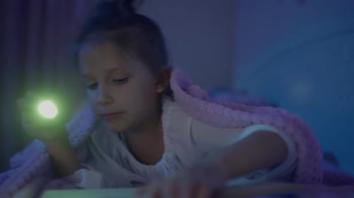 Little Girl Child Reads Book Bedroom Bed With Flashlight Blanket Night