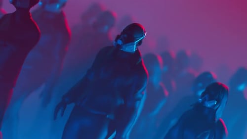 Animated Crowd Wearing Futuristic Masks with Neon Lighting