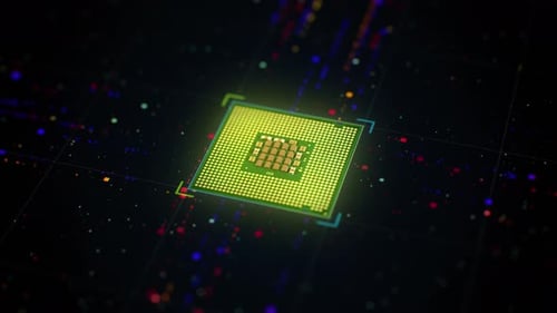 Digital CPU Processor with Data Flow and Glowing Lights Animation