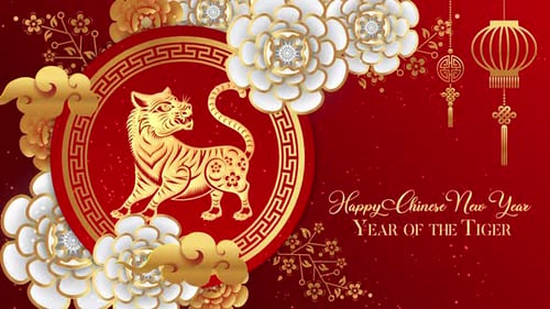 Golden Dragon Chinese New Year Celebration with Traditional Flowers and Lanterns