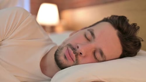 Portrait de beau jeune homme faisant la sieste dans son lit