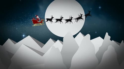 Animated Santa's Sleigh Flying Over Snowy Mountains
