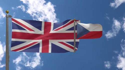 United Kingdom and Czech Republic Flags Waving in Sky