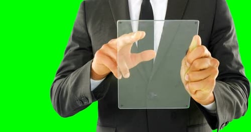 Man Interacts with Transparent Digital Touchscreen