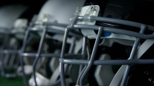 American Football Helmets Lined Up Close Up