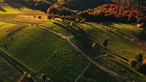 Mountain valley in golden sunset lights