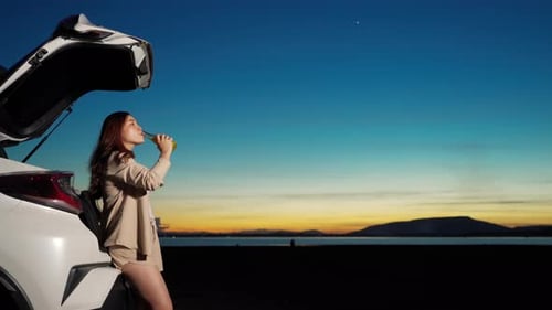 young woman standing near a car enjoying in field at sunset