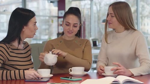 Three Friends Sharing Tea and Conversation Indoors