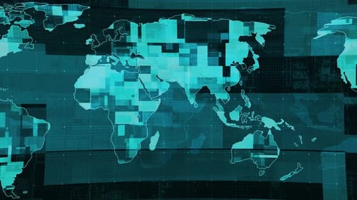 Futuristic Digital World Map with Animated Technology Grid