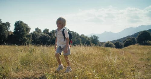 Active Child Boy Walk on Mountain Meadow on Summer Vacation Trip