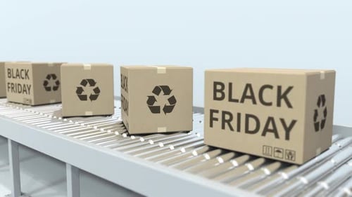 Black Friday Sales And Recycling Symbol Boxes On Conveyor Belt