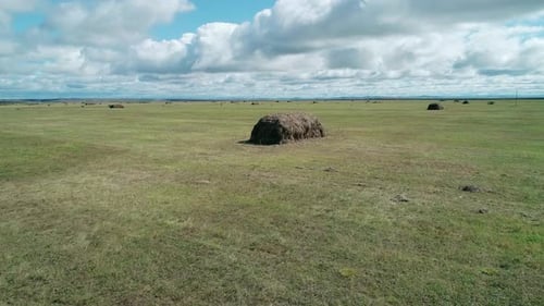 Luftaufnahme einer grünen Wiese mit Heuhaufen aus der Luft