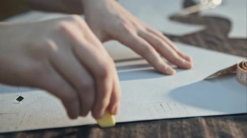 Close Up of the Hands of a Seamstress Marking a Fabric with a Chalk at Her Sewing Atelier