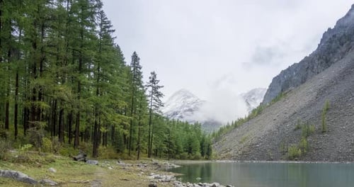 Mountain Lake Timelapse at the Summer or Autumn Time. Wild Nature and Rural Mount Valley. Green