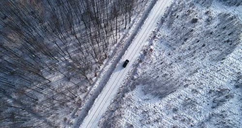 The Car Is Moving Along The Winter Forest Road