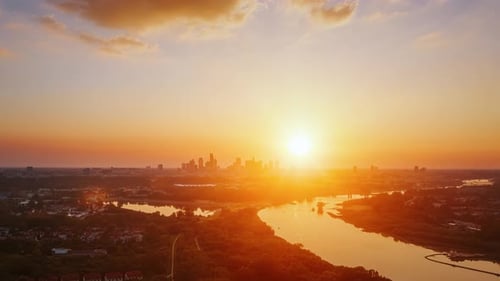 Aerial Time Lapse Hyperlapse Beautiful Sunset Over Modern City Golden Hour Cityscape Skyline